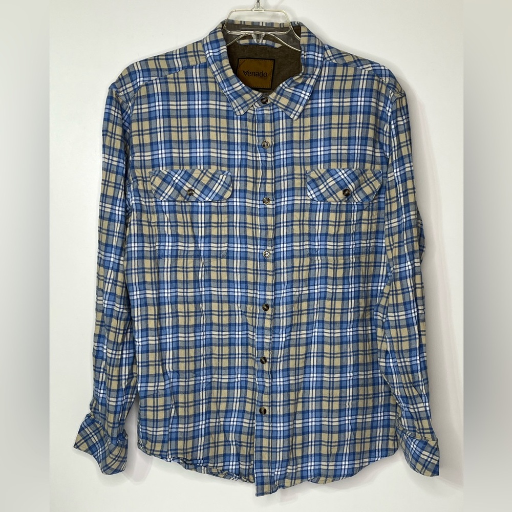 Venado Flannel Cotton Long‎ Sleeve Blue Men's 2XL Button Up Shirt With Pockets